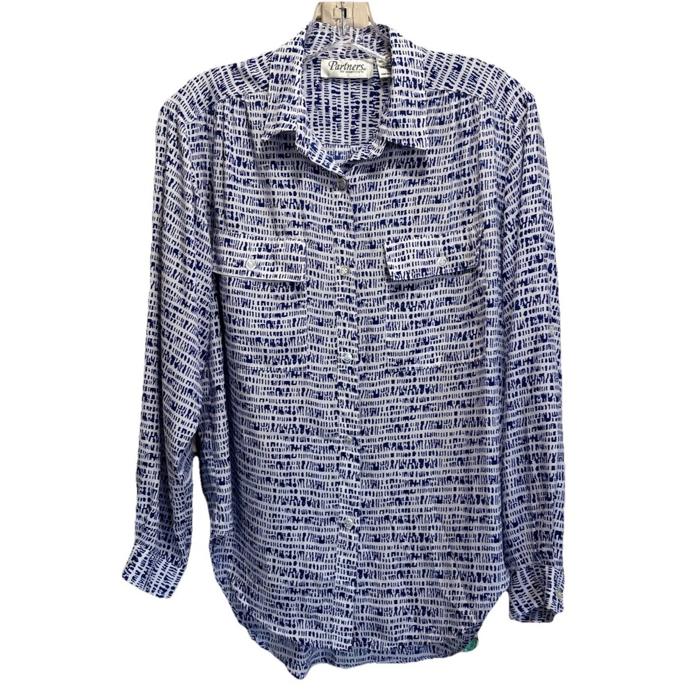 Partners Mervyns Vintage Button Long Sleeve Chiffon Blouse Size 10‎ Blue/White